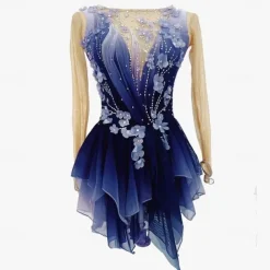 Figure Skating Dress Women's Girls' Ice Skating Dress Dark Blue Thumbhole Halo Dyeing Mesh Spandex Stretchy Training Practice Professional Skating Wear Thermal Warm Classic Crystal / Rhinestone Long