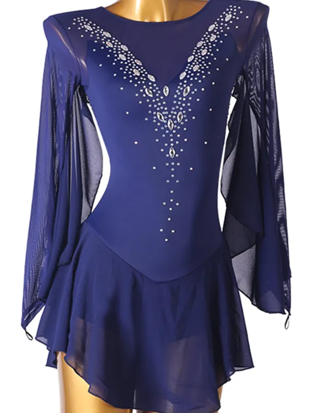 Figure Skating Dress Women's Girls' Ice Skating Dress Outfits White Royal Blue Sky Blue Patchwork Mesh Spandex High Elasticity Training Practice Professional Skating Wear Handmade Crystal / Rhinestone