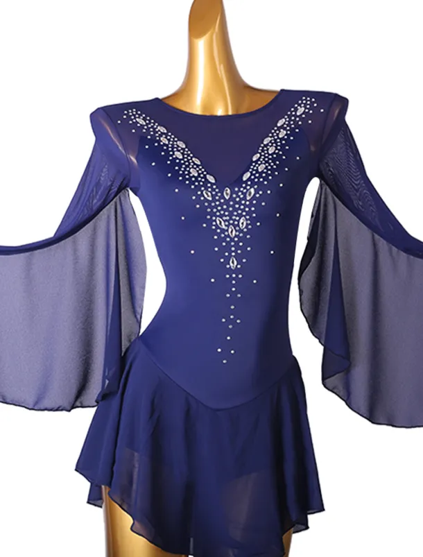 Figure Skating Dress Women's Girls' Ice Skating Dress Outfits White Royal Blue Sky Blue Patchwork Mesh Spandex High Elasticity Training Practice Professional Skating Wear Handmade Crystal / Rhinestone