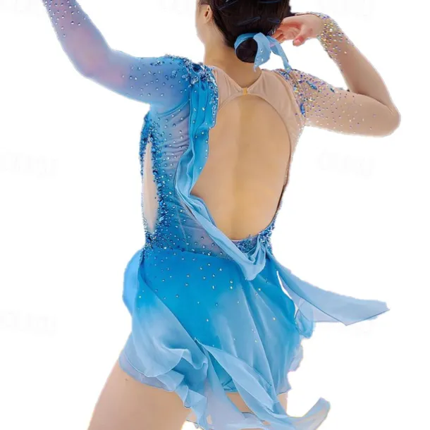 Figure Skating Dress Women's Girls' Ice Skating Dress Sky Blue Patchwork Thumbhole Mesh Spandex Stretchy Training Practice Professional Skating Wear Thermal Warm Crystal / Rhinestone Long Sleeve Ice