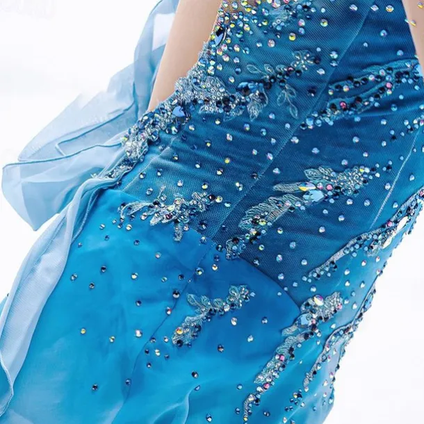 Figure Skating Dress Women's Girls' Ice Skating Dress Sky Blue Patchwork Thumbhole Mesh Spandex Stretchy Training Practice Professional Skating Wear Thermal Warm Crystal / Rhinestone Long Sleeve Ice