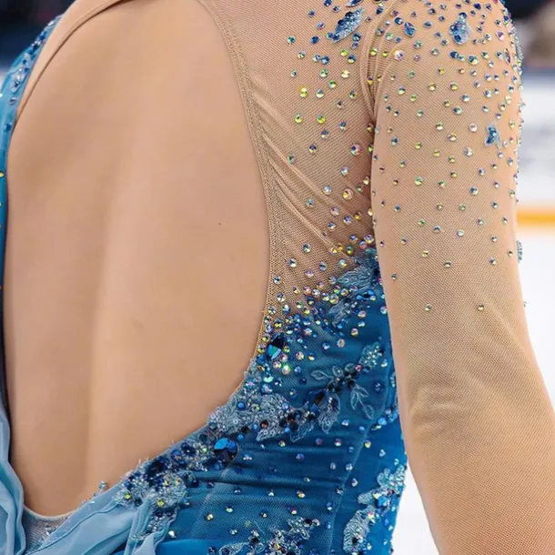 Figure Skating Dress Women's Girls' Ice Skating Dress Sky Blue Patchwork Thumbhole Mesh Spandex Stretchy Training Practice Professional Skating Wear Thermal Warm Crystal / Rhinestone Long Sleeve Ice