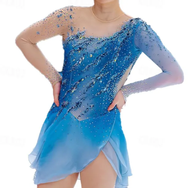 Figure Skating Dress Women's Girls' Ice Skating Dress Sky Blue Patchwork Thumbhole Mesh Spandex Stretchy Training Practice Professional Skating Wear Thermal Warm Crystal / Rhinestone Long Sleeve Ice