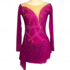 Figure Skating Dress Women's Girls' Ice Skating Dress Black Purple Rosy Pink Spandex High Elasticity Training Competition Skating Wear Handmade Crystal / Rhinestone Long Sleeve Ice Skating Figure