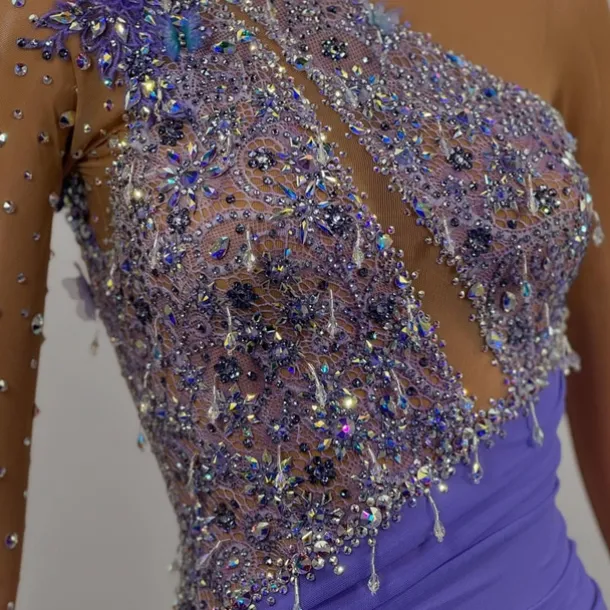 Figure Skating Dress Women's Girls' Ice Skating Dress Lake Blue Patchwork Open Back Mesh High Elasticity Training Competition Skating Wear Classic Crystal / Rhinestone Long Sleeve Ice Skating Figure