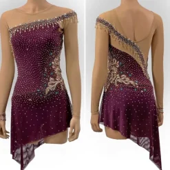 Figure Skating Dress Women's Girls' Ice Skating Dress Burgundy Patchwork Open Back Mesh High Elasticity Training Competition Skating Wear Classic Crystal / Rhinestone Long Sleeve Ice Skating Figure