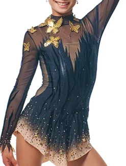 Figure Skating Dress Women's Girls' Ice Skating Dress Outfits Blue Patchwork Mesh Spandex High Elasticity Training Practice Competition Skating Wear Handmade Crystal / Rhinestone Long Sleeve Ice