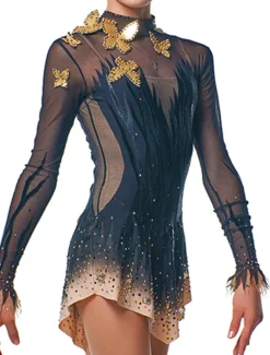 Figure Skating Dress Women's Girls' Ice Skating Dress Outfits Blue Patchwork Mesh Spandex High Elasticity Training Practice Competition Skating Wear Handmade Crystal / Rhinestone Long Sleeve Ice