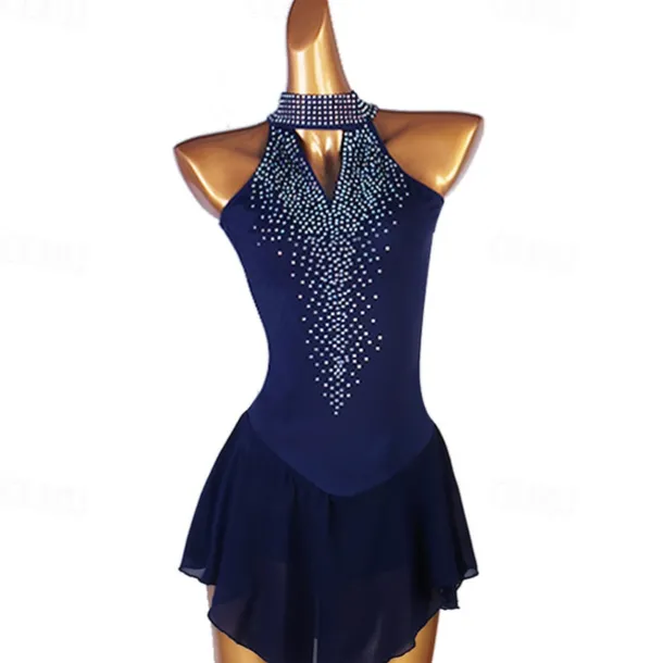 Figure Skating Dress Women's Girls' Ice Skating Dress Dark Navy Patchwork Mesh High Elasticity Training Competition Skating Wear Classic Crystal / Rhinestone Sleeveless Ice Skating Figure Skating