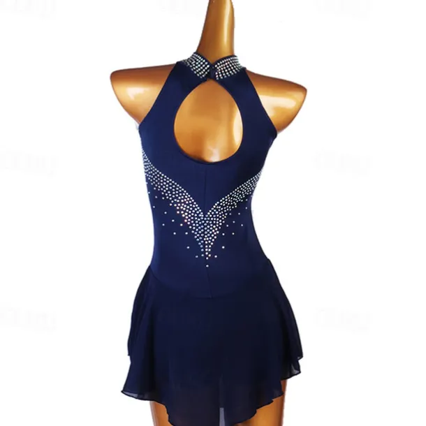 Figure Skating Dress Women's Girls' Ice Skating Dress Dark Navy Patchwork Mesh High Elasticity Training Competition Skating Wear Classic Crystal / Rhinestone Sleeveless Ice Skating Figure Skating