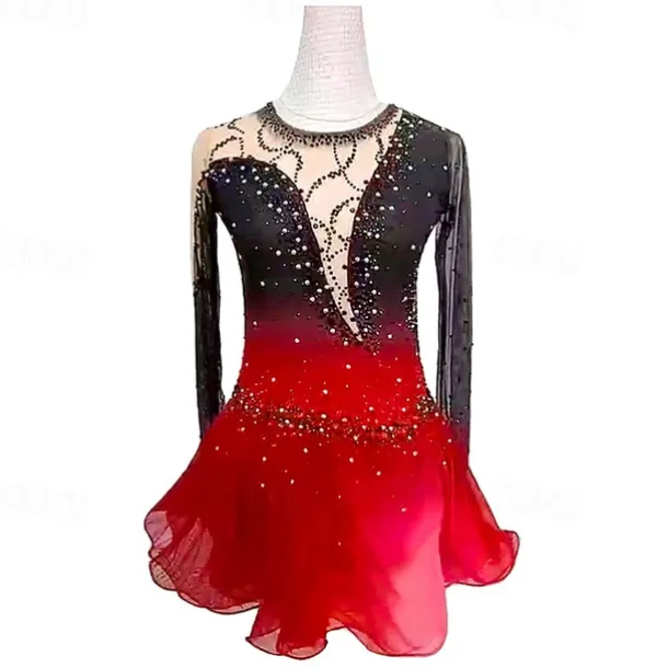 Figure Skating Dress Women's Girls' Ice Skating Dress Black Red Black Blue Patchwork Mesh High Elasticity Training Competition Skating Wear Classic Crystal / Rhinestone Long Sleeve Ice Skating Figure