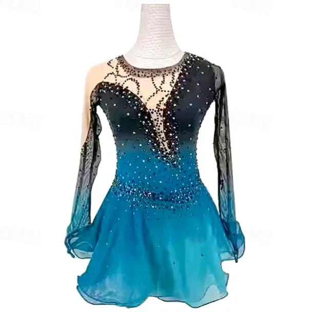Figure Skating Dress Women's Girls' Ice Skating Dress Black Red Black Blue Patchwork Mesh High Elasticity Training Competition Skating Wear Classic Crystal / Rhinestone Long Sleeve Ice Skating Figure