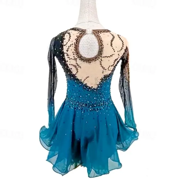 Figure Skating Dress Women's Girls' Ice Skating Dress Black Red Black Blue Patchwork Mesh High Elasticity Training Competition Skating Wear Classic Crystal / Rhinestone Long Sleeve Ice Skating Figure