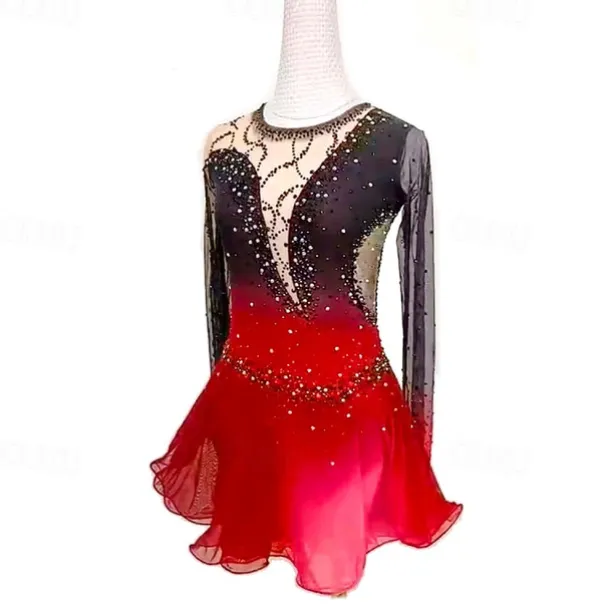 Figure Skating Dress Women's Girls' Ice Skating Dress Black Red Black Blue Patchwork Mesh High Elasticity Training Competition Skating Wear Classic Crystal / Rhinestone Long Sleeve Ice Skating Figure