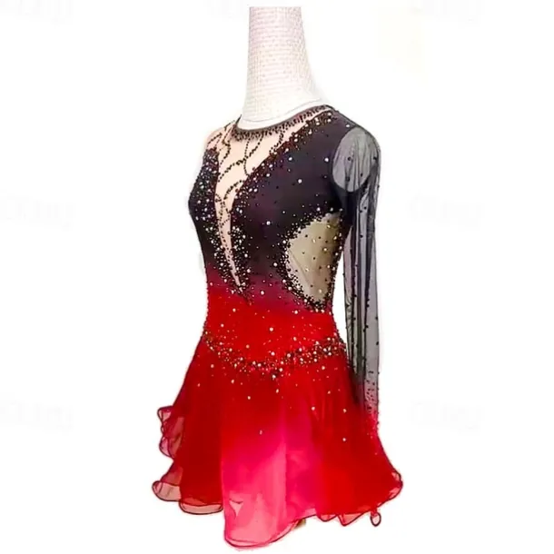 Figure Skating Dress Women's Girls' Ice Skating Dress Black Red Black Blue Patchwork Mesh High Elasticity Training Competition Skating Wear Classic Crystal / Rhinestone Long Sleeve Ice Skating Figure