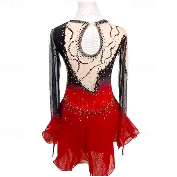 Figure Skating Dress Women's Girls' Ice Skating Dress Black Red Black Blue Patchwork Mesh High Elasticity Training Competition Skating Wear Classic Crystal / Rhinestone Long Sleeve Ice Skating Figure