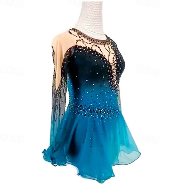 Figure Skating Dress Women's Girls' Ice Skating Dress Black Red Black Blue Patchwork Mesh High Elasticity Training Competition Skating Wear Classic Crystal / Rhinestone Long Sleeve Ice Skating Figure