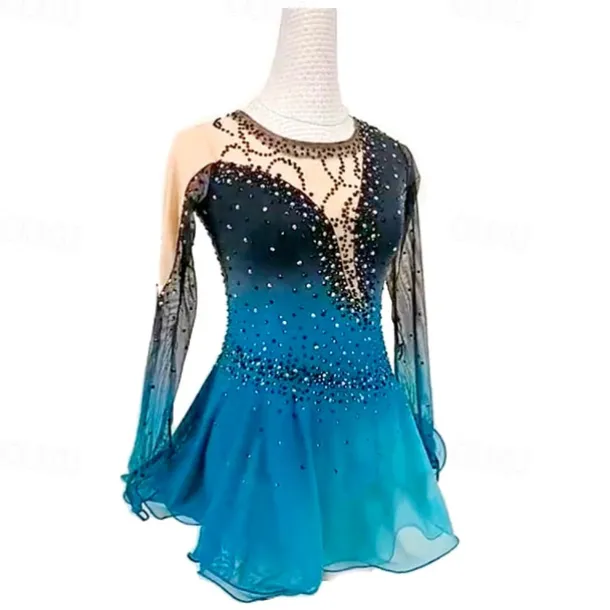 Figure Skating Dress Women's Girls' Ice Skating Dress Black Red Black Blue Patchwork Mesh High Elasticity Training Competition Skating Wear Classic Crystal / Rhinestone Long Sleeve Ice Skating Figure