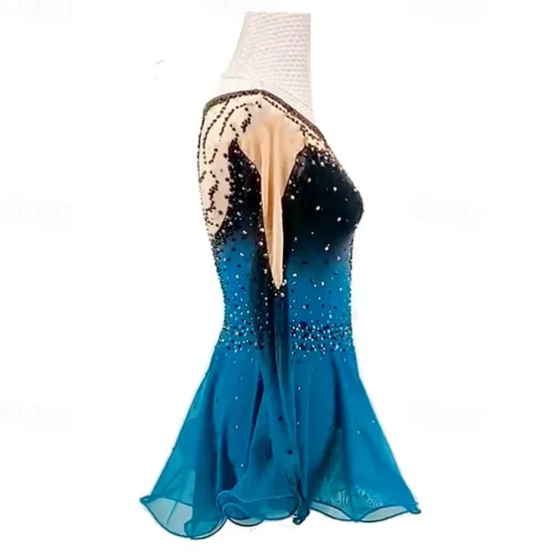Figure Skating Dress Women's Girls' Ice Skating Dress Black Red Black Blue Patchwork Mesh High Elasticity Training Competition Skating Wear Classic Crystal / Rhinestone Long Sleeve Ice Skating Figure