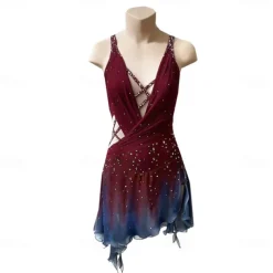 Figure Skating Dress Women's Girls' Ice Skating Dress Burgundy Thumbhole Halo Dyeing High Elasticity Professional Competition Skating Wear Thermal Warm Crystal / Rhinestone Long Sleeve Ice Skating