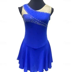 Figure Skating Dress Women's Girls' Ice Skating Dress Blue Patchwork Asymmetric Hem Mesh Spandex Stretchy Training Practice Professional Skating Wear Crystal / Rhinestone Sleeveless Figure Skating
