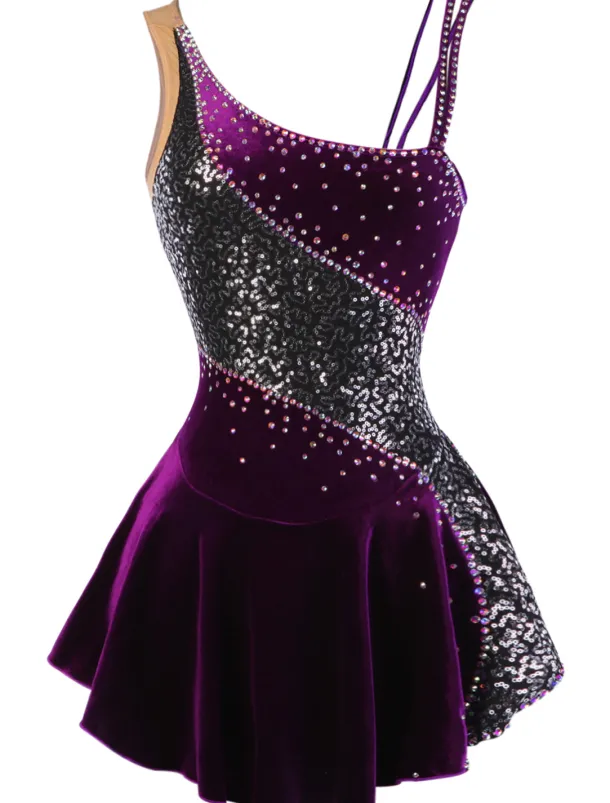 Figure Skating Dress Women's Girls' Ice Skating Dress Outfits Purple Velvet Stretchy Competition Skating Wear Handmade Floral Botanical Fashion Sleeveless Ice Skating Figure Skating