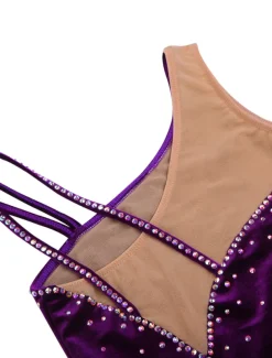 Figure Skating Dress Women's Girls' Ice Skating Dress Outfits Purple Velvet Stretchy Competition Skating Wear Handmade Floral Botanical Fashion Sleeveless Ice Skating Figure Skating