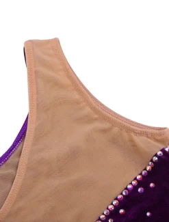 Figure Skating Dress Women's Girls' Ice Skating Dress Outfits Purple Velvet Stretchy Competition Skating Wear Handmade Floral Botanical Fashion Sleeveless Ice Skating Figure Skating