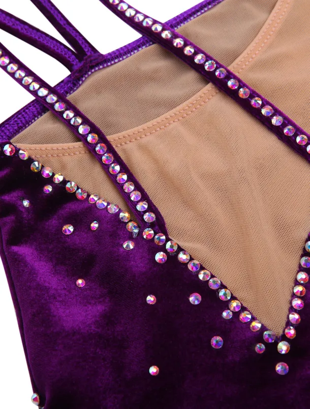 Figure Skating Dress Women's Girls' Ice Skating Dress Outfits Purple Velvet Stretchy Competition Skating Wear Handmade Floral Botanical Fashion Sleeveless Ice Skating Figure Skating