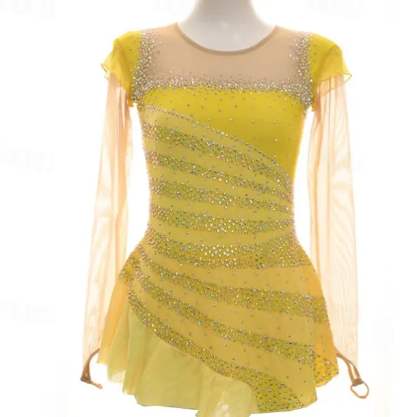 Figure Skating Dress Women's Girls' Ice Skating Dress Yellow Patchwork Thumbhole Mesh Spandex Stretchy Training Practice Professional Skating Wear Thermal Warm Crystal / Rhinestone Long Sleeve Ice
