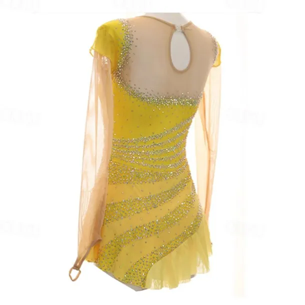 Figure Skating Dress Women's Girls' Ice Skating Dress Yellow Patchwork Thumbhole Mesh Spandex Stretchy Training Practice Professional Skating Wear Thermal Warm Crystal / Rhinestone Long Sleeve Ice
