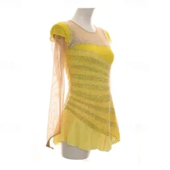 Figure Skating Dress Women's Girls' Ice Skating Dress Yellow Patchwork Thumbhole Mesh Spandex Stretchy Training Practice Professional Skating Wear Thermal Warm Crystal / Rhinestone Long Sleeve Ice