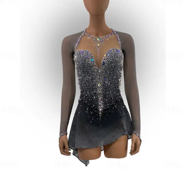 Figure Skating Dress Women's Girls' Ice Skating Dress Black Sliver Thumbhole Open Back Mesh High Elasticity Training Competition Skating Wear Classic Crystal / Rhinestone Long Sleeve Ice Skating