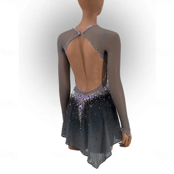 Figure Skating Dress Women's Girls' Ice Skating Dress Black Sliver Thumbhole Open Back Mesh High Elasticity Training Competition Skating Wear Classic Crystal / Rhinestone Long Sleeve Ice Skating