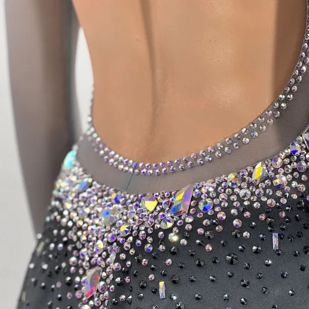 Figure Skating Dress Women's Girls' Ice Skating Dress Black Sliver Thumbhole Open Back Mesh High Elasticity Training Competition Skating Wear Classic Crystal / Rhinestone Long Sleeve Ice Skating