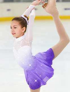 Figure Skating Dress Women's Girls' Ice Skating Dress Outfits Purple Halo Dyeing Spandex High Elasticity Competition Skating Wear Handmade Crystal / Rhinestone Long Sleeve Ice Skating Figure Skating