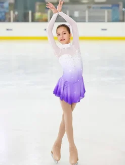 Figure Skating Dress Women's Girls' Ice Skating Dress Outfits Purple Halo Dyeing Spandex High Elasticity Competition Skating Wear Handmade Crystal / Rhinestone Long Sleeve Ice Skating Figure Skating