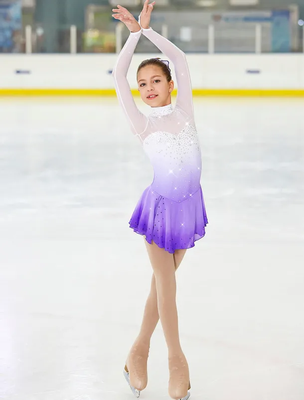 Figure Skating Dress Women's Girls' Ice Skating Dress Outfits Purple Halo Dyeing Spandex High Elasticity Competition Skating Wear Handmade Crystal / Rhinestone Long Sleeve Ice Skating Figure Skating