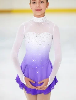 Figure Skating Dress Women's Girls' Ice Skating Dress Outfits Purple Halo Dyeing Spandex High Elasticity Competition Skating Wear Handmade Crystal / Rhinestone Long Sleeve Ice Skating Figure Skating