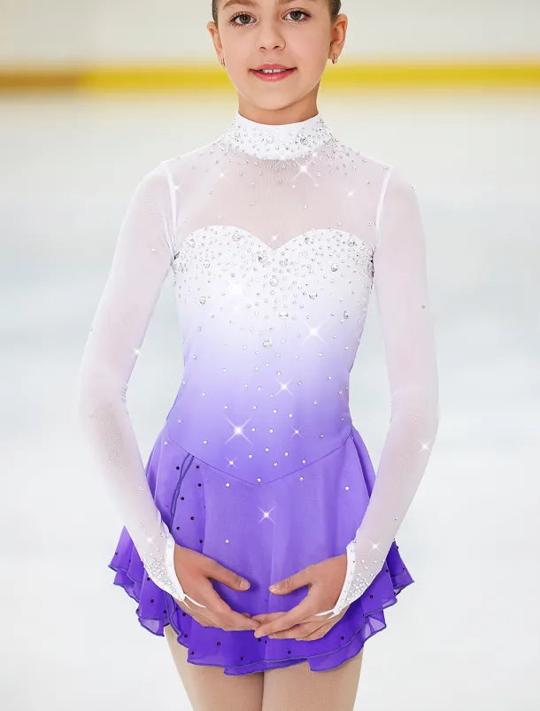 Figure Skating Dress Women's Girls' Ice Skating Dress Outfits Purple Halo Dyeing Spandex High Elasticity Competition Skating Wear Handmade Crystal / Rhinestone Long Sleeve Ice Skating Figure Skating