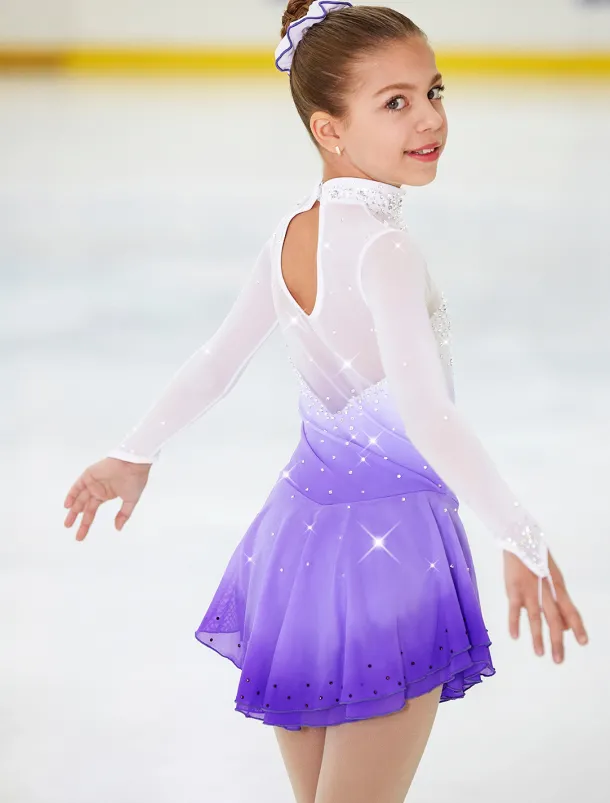 Figure Skating Dress Women's Girls' Ice Skating Dress Outfits Purple Halo Dyeing Spandex High Elasticity Competition Skating Wear Handmade Crystal / Rhinestone Long Sleeve Ice Skating Figure Skating