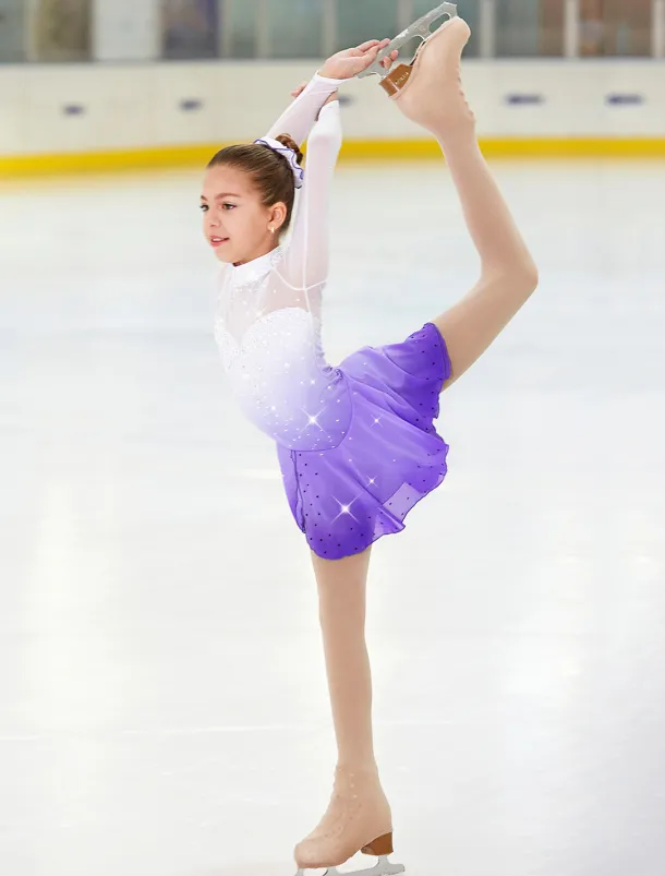 Figure Skating Dress Women's Girls' Ice Skating Dress Outfits Purple Halo Dyeing Spandex High Elasticity Competition Skating Wear Handmade Crystal / Rhinestone Long Sleeve Ice Skating Figure Skating