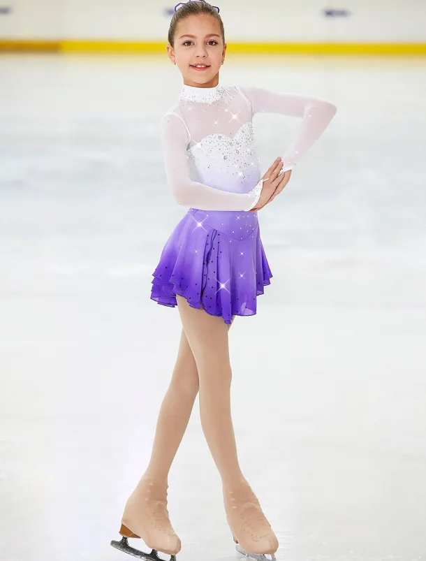 Figure Skating Dress Women's Girls' Ice Skating Dress Outfits Purple Halo Dyeing Spandex High Elasticity Competition Skating Wear Handmade Crystal / Rhinestone Long Sleeve Ice Skating Figure Skating