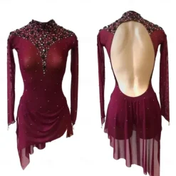 Figure Skating Dress Women's Girls' Ice Skating Dress Fuchsia Thumbhole Halo Dyeing High Elasticity Professional Competition Skating Wear Thermal Warm Crystal / Rhinestone Long Sleeve Ice Skating