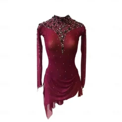 Figure Skating Dress Women's Girls' Ice Skating Dress Fuchsia Thumbhole Halo Dyeing High Elasticity Professional Competition Skating Wear Thermal Warm Crystal / Rhinestone Long Sleeve Ice Skating