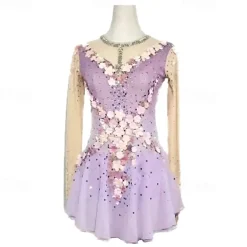 Figure Skating Dress Women's Girls' Ice Skating Dress Light Purple Patchwork Mesh High Elasticity Training Competition Skating Wear Classic Crystal / Rhinestone Long Sleeve Ice Skating Figure Skating