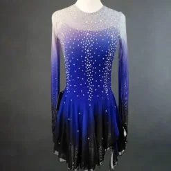 Figure Skating Dress Women's Girls' Ice Skating Dress Blue Black Patchwork High Elasticity Training Competition Skating Wear Classic Crystal / Rhinestone Long Sleeve Ice Skating Figure Skating