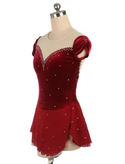 Figure Skating Dress Women's Girls' Ice Skating Dress Outfits Burgundy Royal Blue Patchwork Asymmetric Hem Mesh Spandex High Elasticity Training Competition Skating Wear Handmade Crystal / Rhinestone