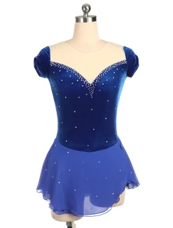 Figure Skating Dress Women's Girls' Ice Skating Dress Outfits Burgundy Royal Blue Patchwork Asymmetric Hem Mesh Spandex High Elasticity Training Competition Skating Wear Handmade Crystal / Rhinestone