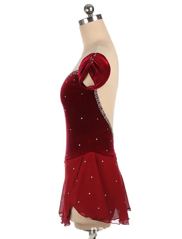 Figure Skating Dress Women's Girls' Ice Skating Dress Outfits Burgundy Royal Blue Patchwork Asymmetric Hem Mesh Spandex High Elasticity Training Competition Skating Wear Handmade Crystal / Rhinestone